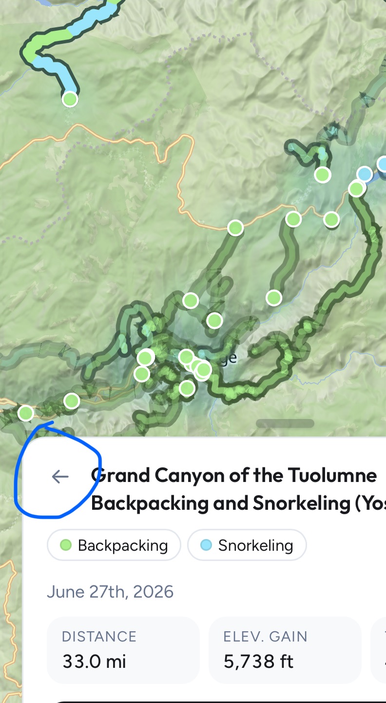 Close-up of the selected activity card's back arrow over the map