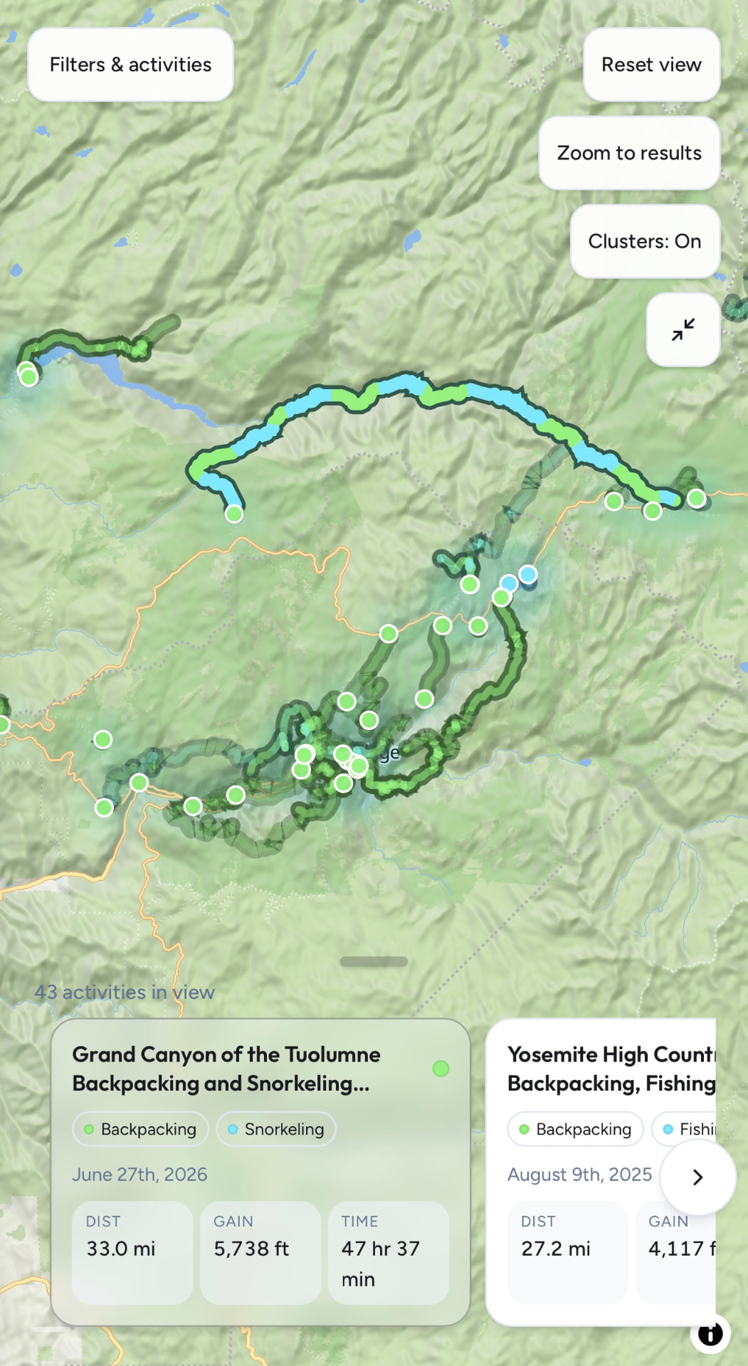 Map view with filters, activity controls, routes, and two activity cards