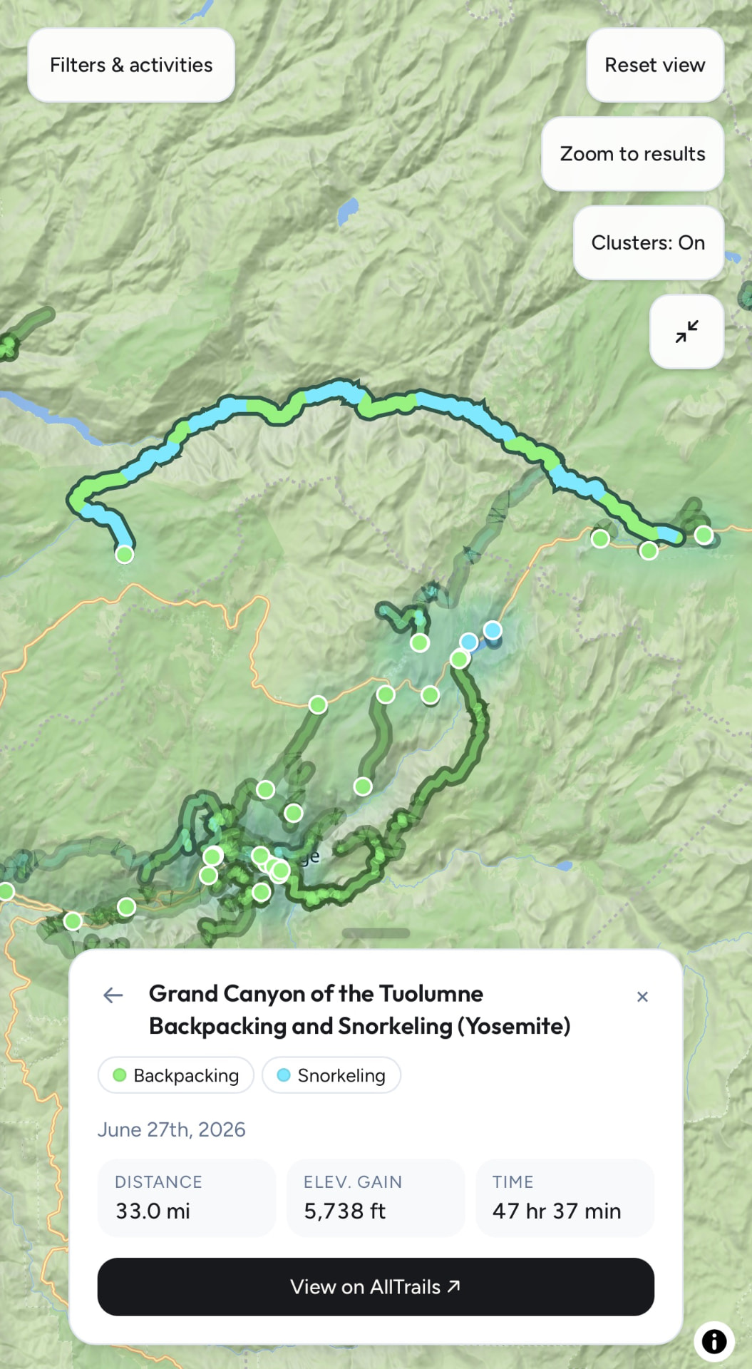 Selected activity detail card with back control, stats, and View on AllTrails link