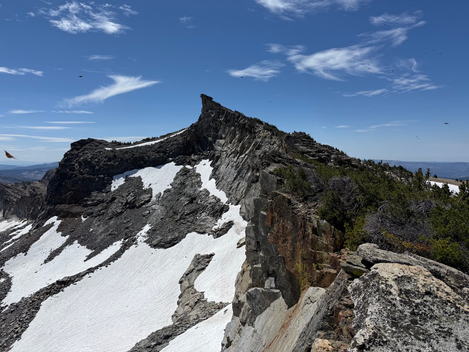 A rugged rocky summit with lingering snow patches under a bright blue sky
