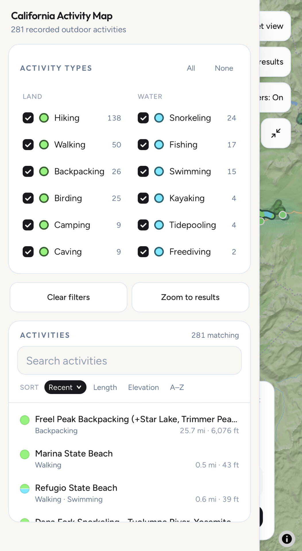 Filters panel showing land and water activity types, counts, and the activities list