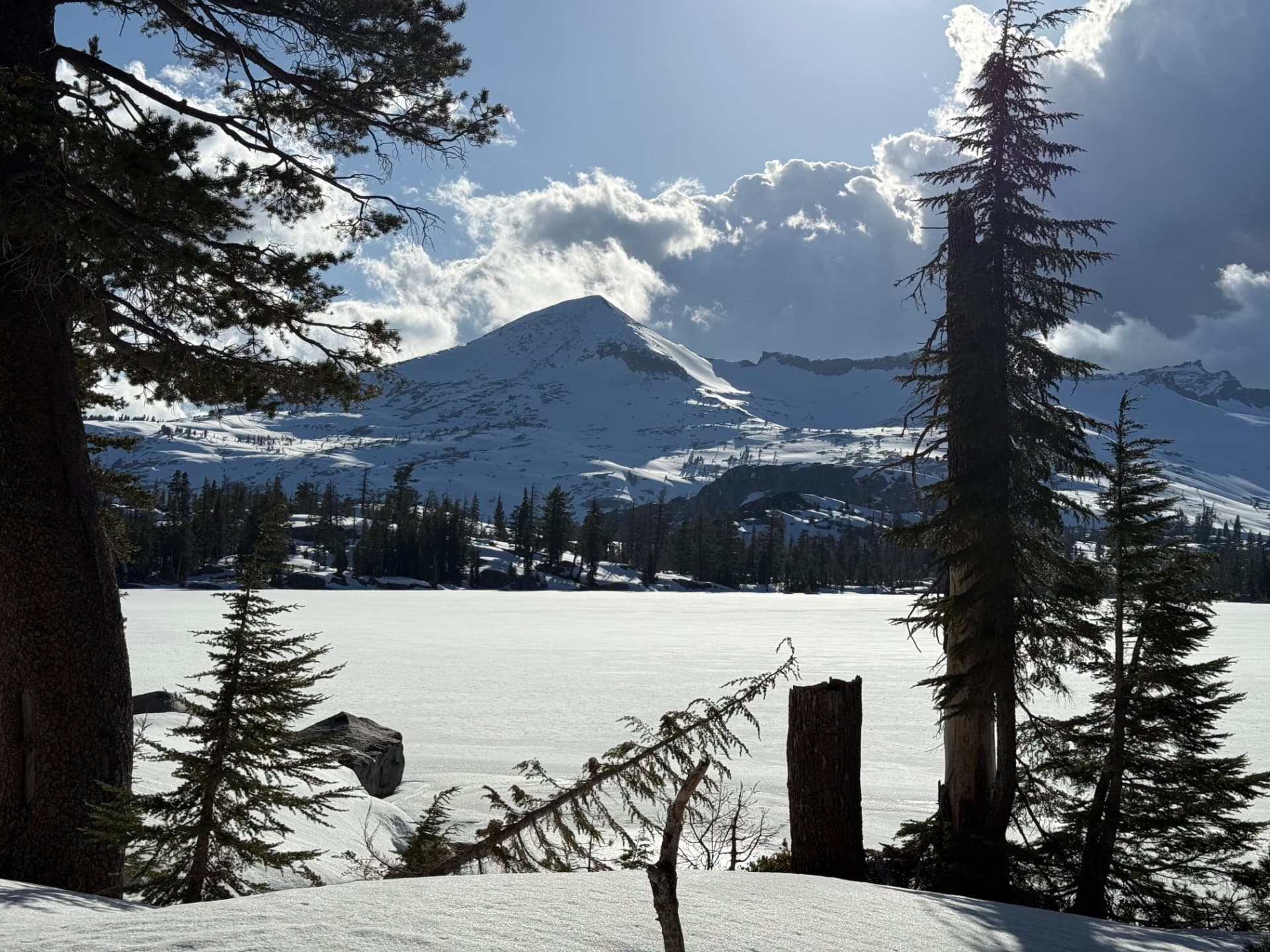 A snow-covered peak rising behind a frozen alpine lake framed by evergreens
